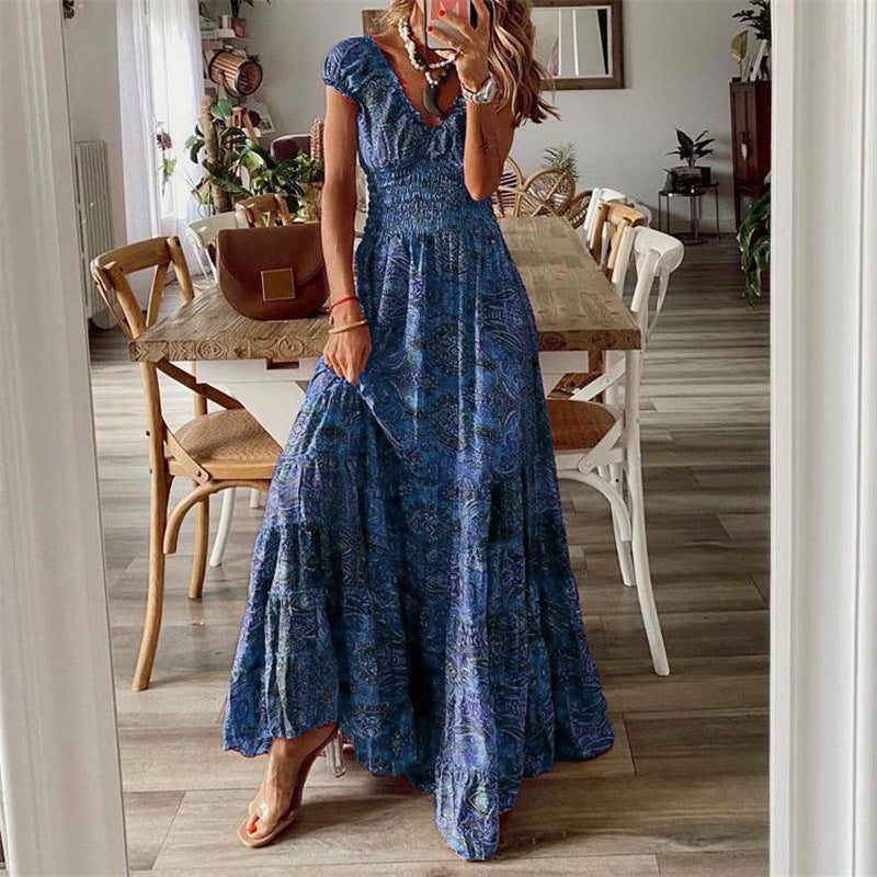 Robe Longue Bohème avec Volants pour Femme - Bleu