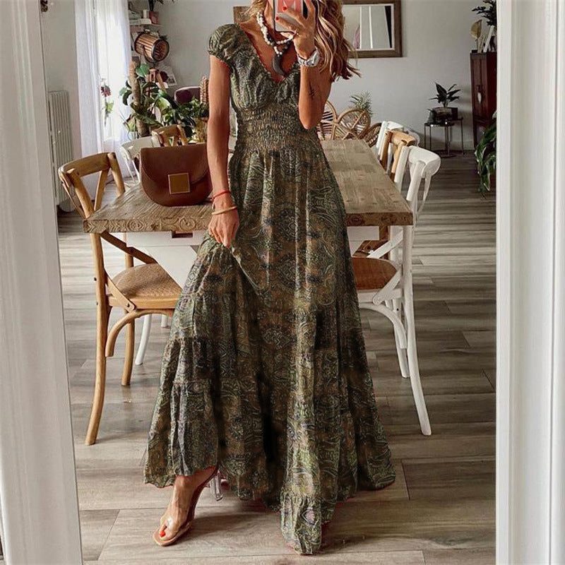 Robe Longue Bohème avec Volants pour Femme - Marron