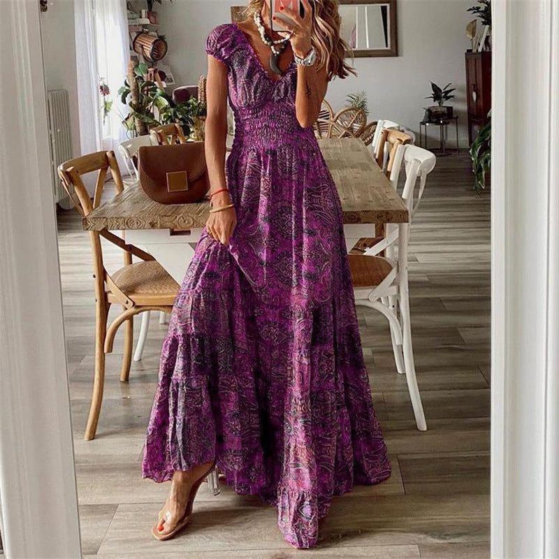 Robe Longue Bohème avec Volants pour Femme - Lilas