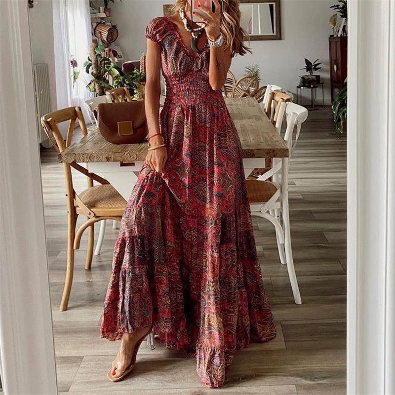 Robe Longue Bohème avec Volants pour Femme - Rouge Vin