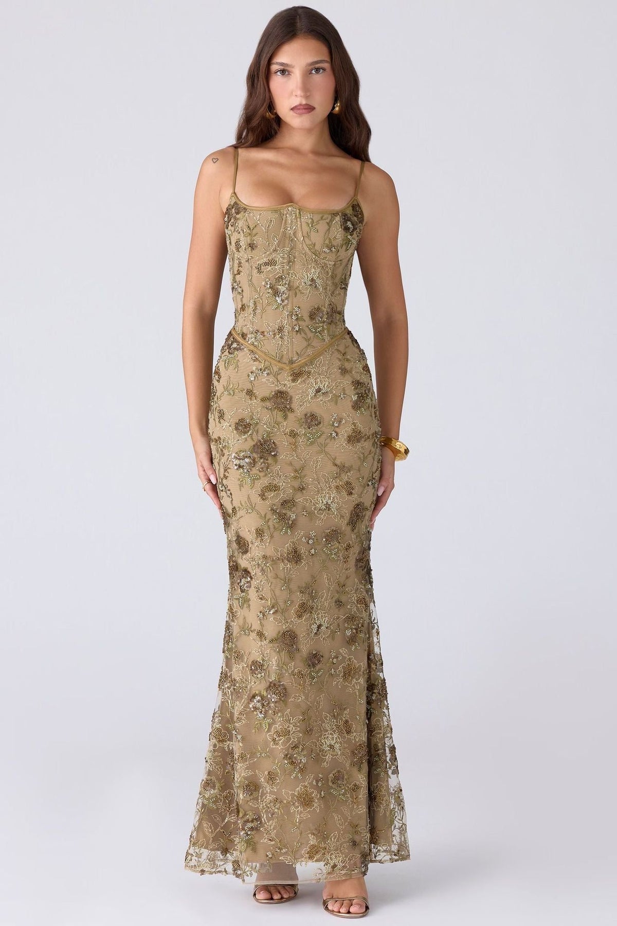 Robe Longue Brodée avec Corsage pour Femme - Olive