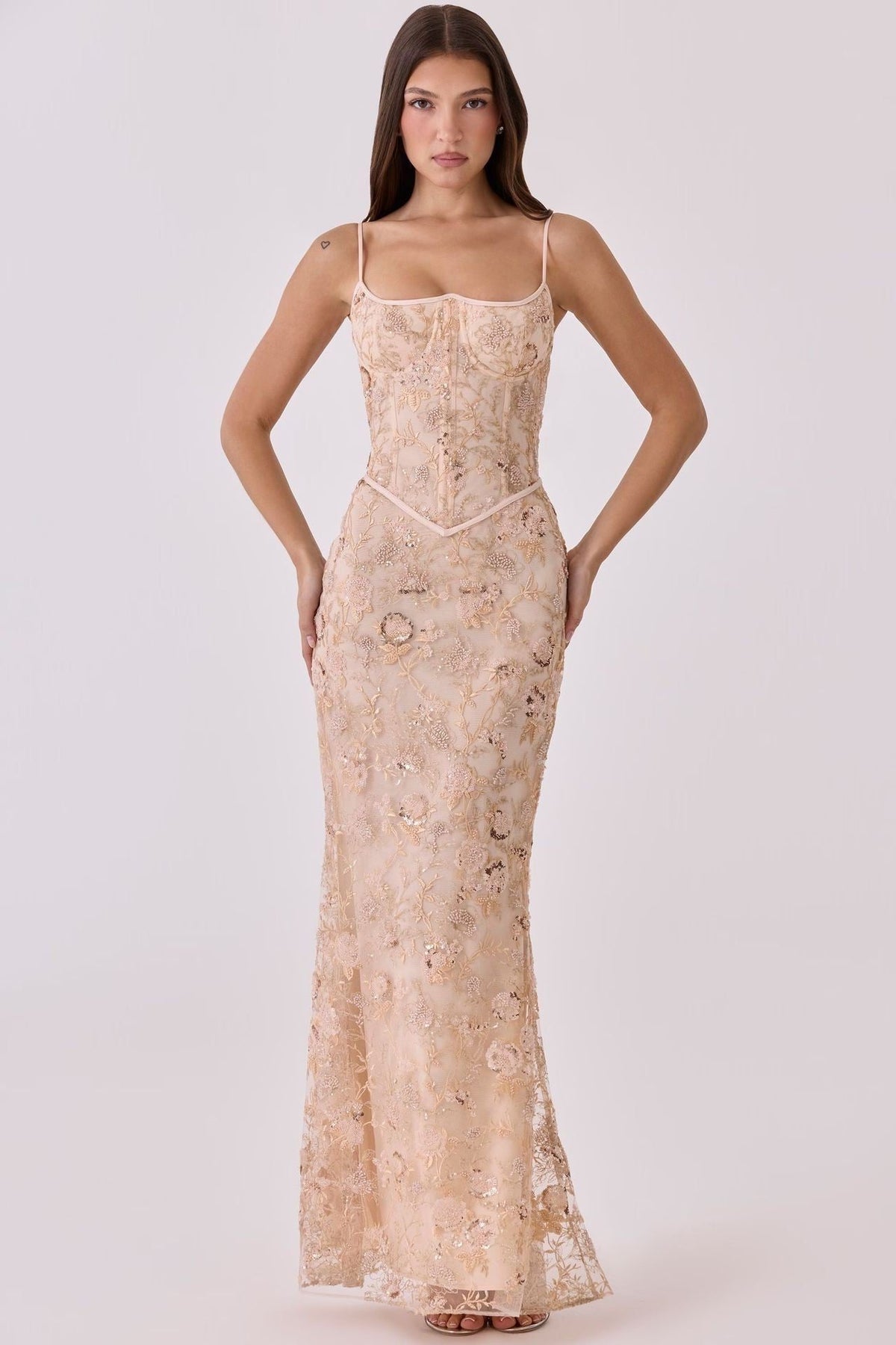 Robe Longue Brodée avec Corsage pour Femme - Rose