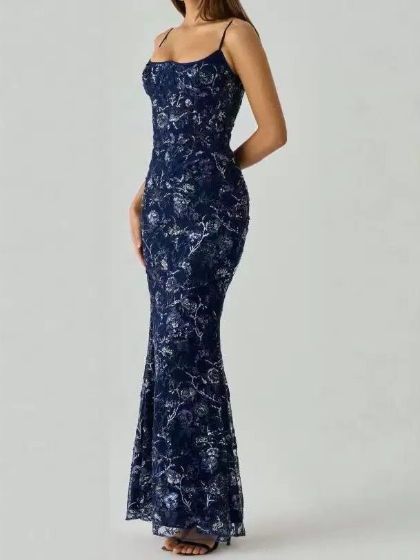 Robe Longue Brodée avec Corsage pour Femme - Bleu