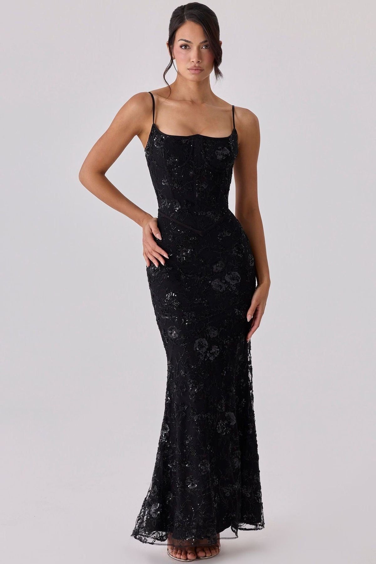 Robe Longue Brodée avec Corsage pour Femme - Noir