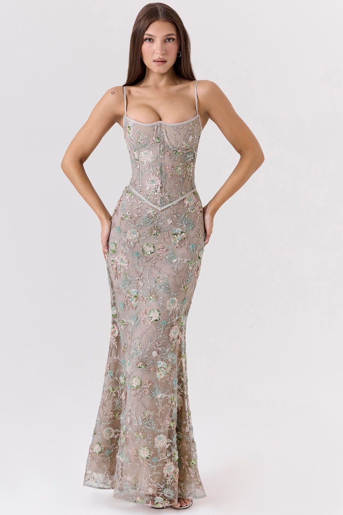 Robe Longue Brodée avec Corsage pour Femme - Gris