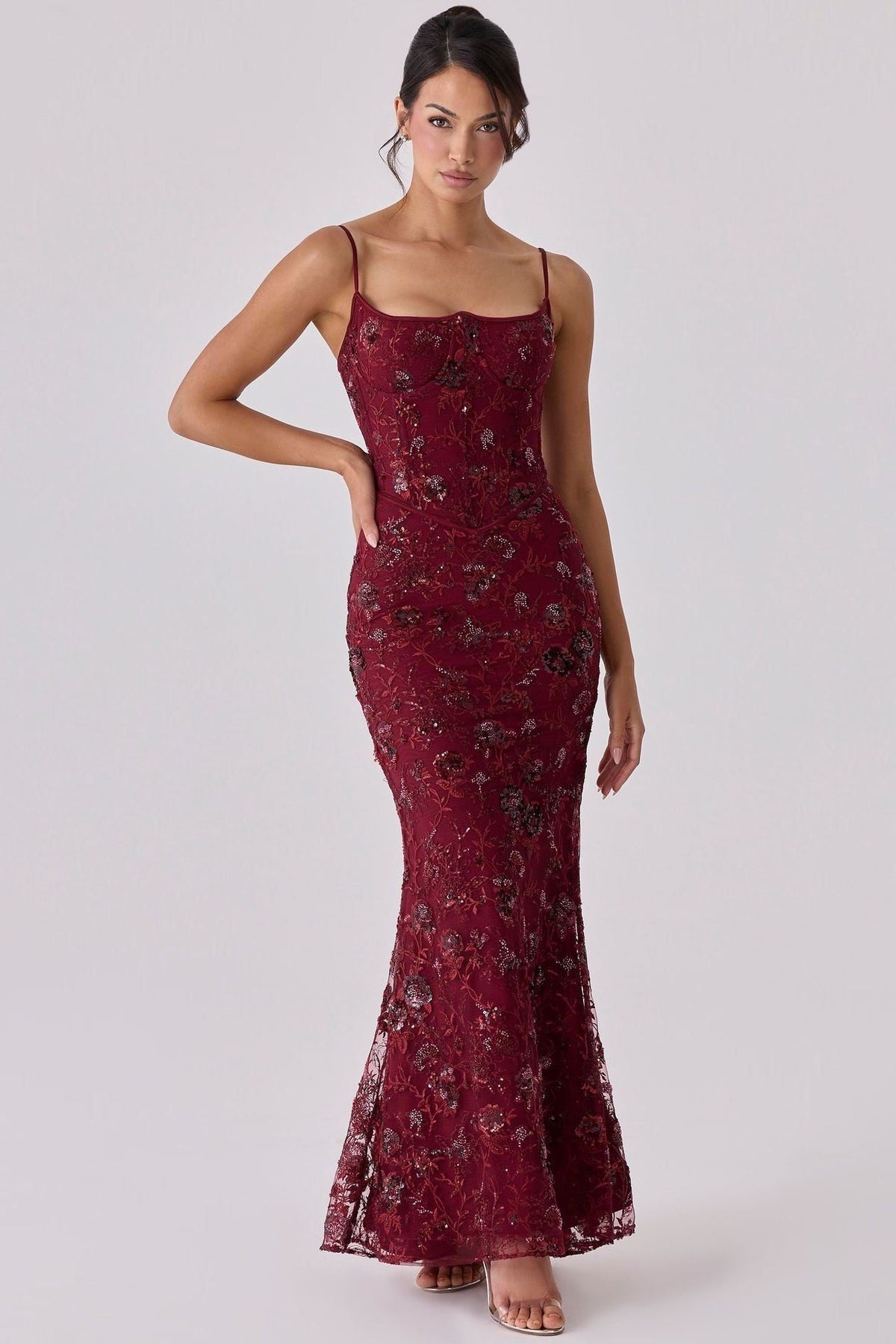 Robe Longue Brodée avec Corsage pour Femme - Bordeaux
