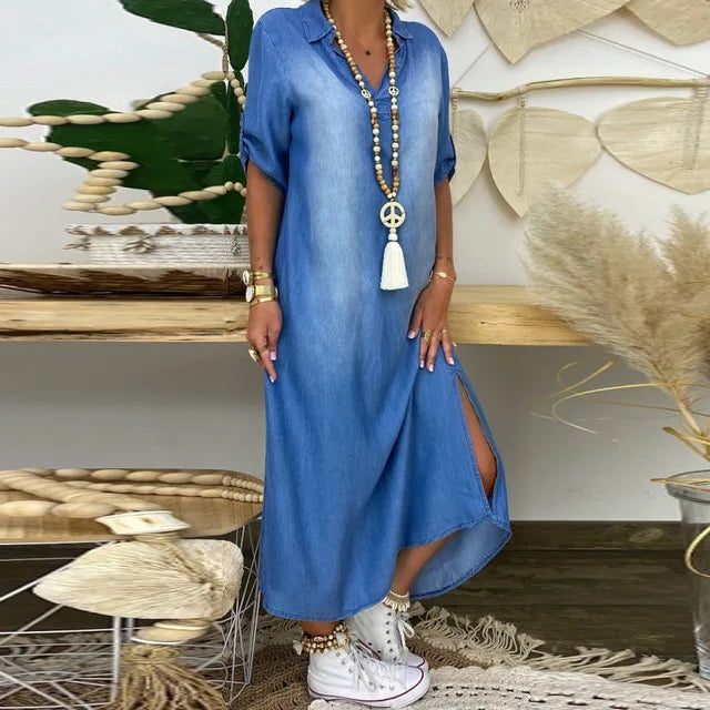 Robe Longue Chemise avec Col Montant pour Femme - Bleu