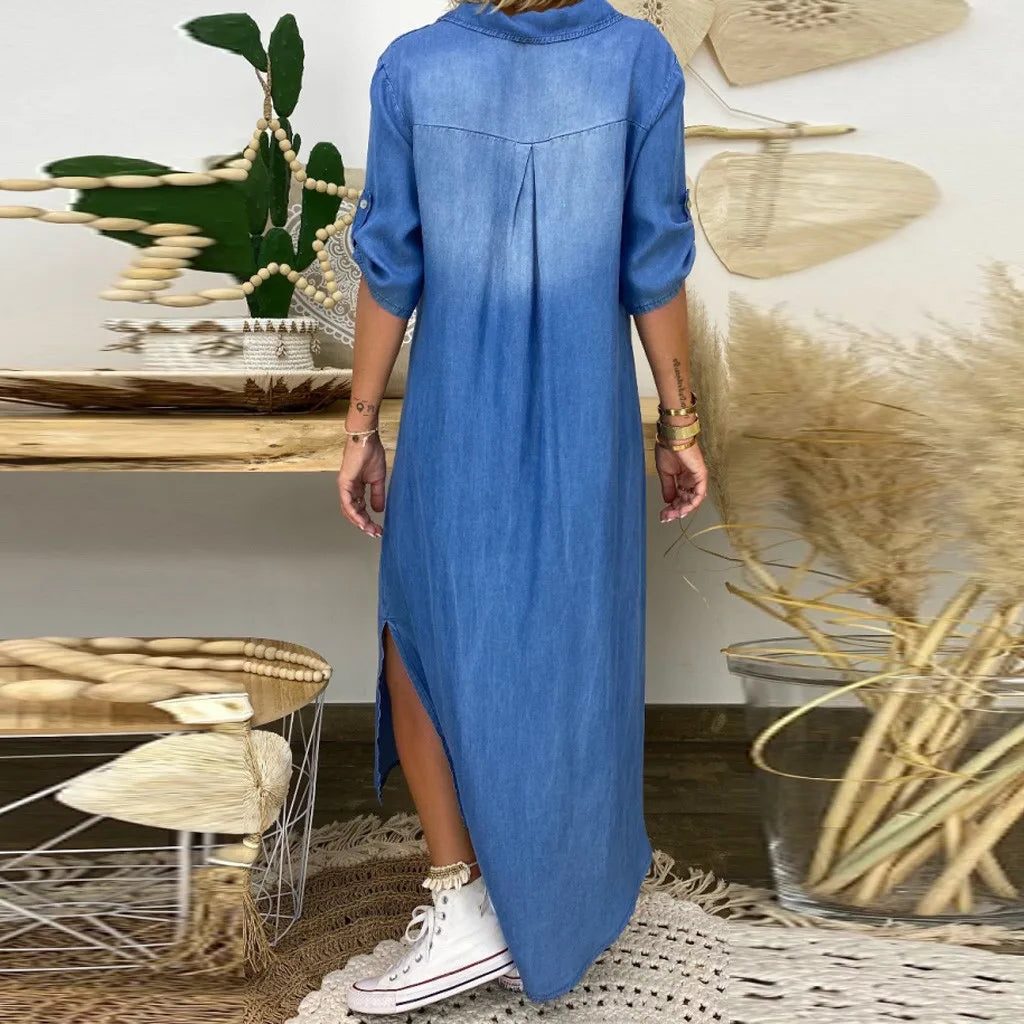 Robe Longue Chemise avec Col Montant pour Femme
