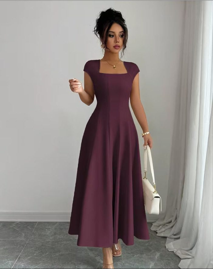 Robe Longue à Col Bénitier Fluide pour Femme - Marron châtaigne