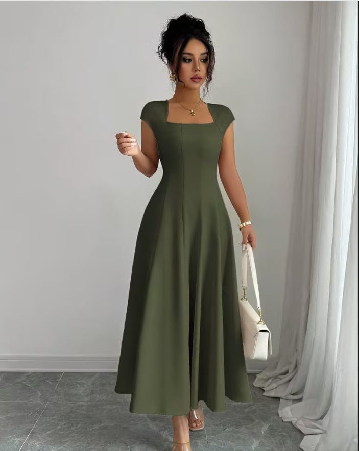 Robe Longue à Col Bénitier Fluide pour Femme - Vert olive