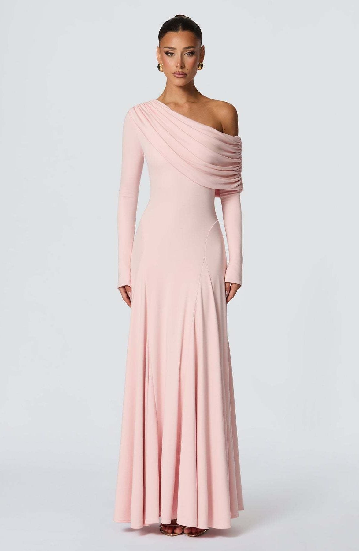 Robe Longue à Drapé Asymétrique Manches Longues pour Femme - Rose