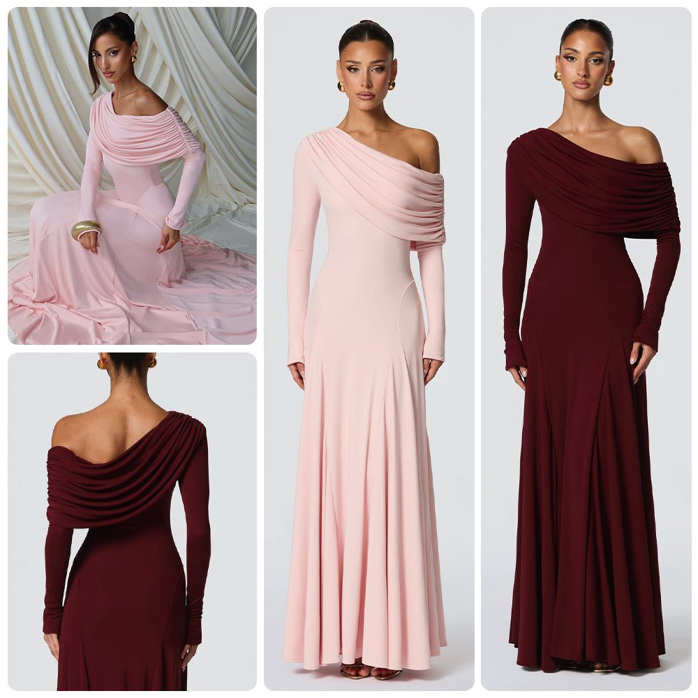 Robe Longue à Drapé Asymétrique Manches Longues pour Femme