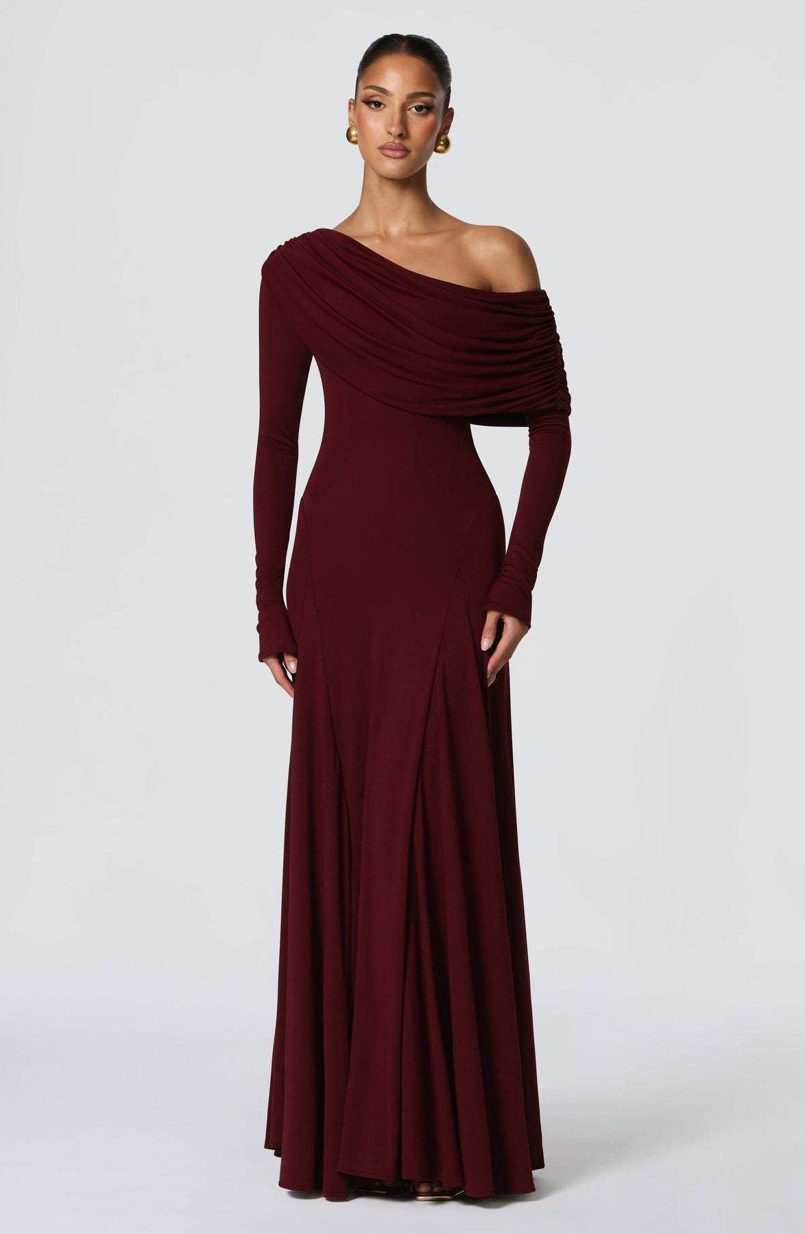 Robe Longue à Drapé Asymétrique Manches Longues pour Femme - Bordeaux