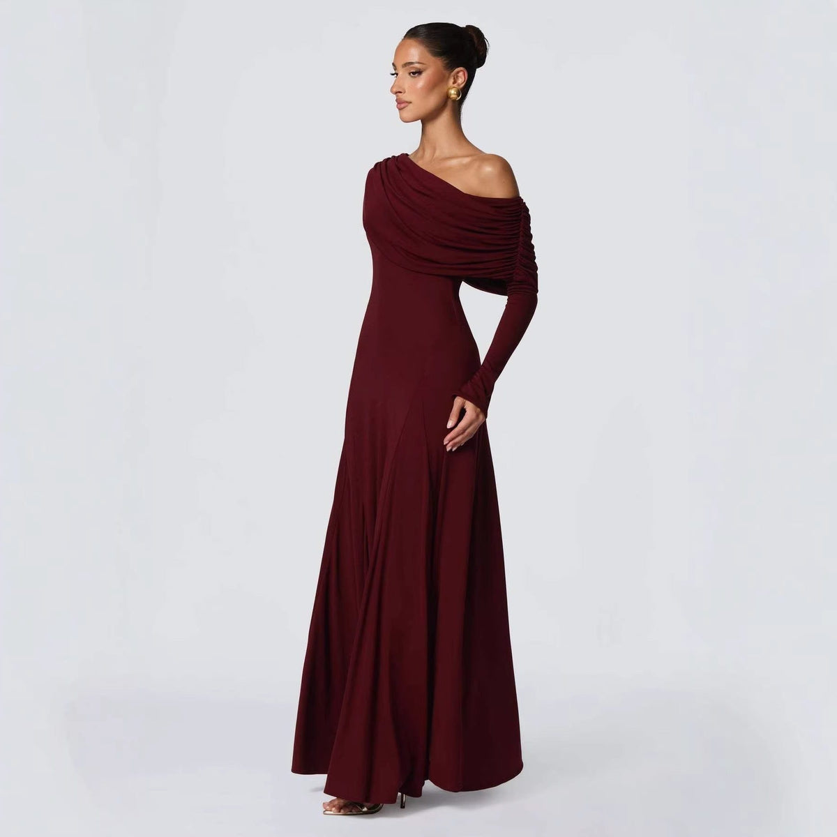 Robe Longue à Drapé Asymétrique Manches Longues pour Femme - View 2