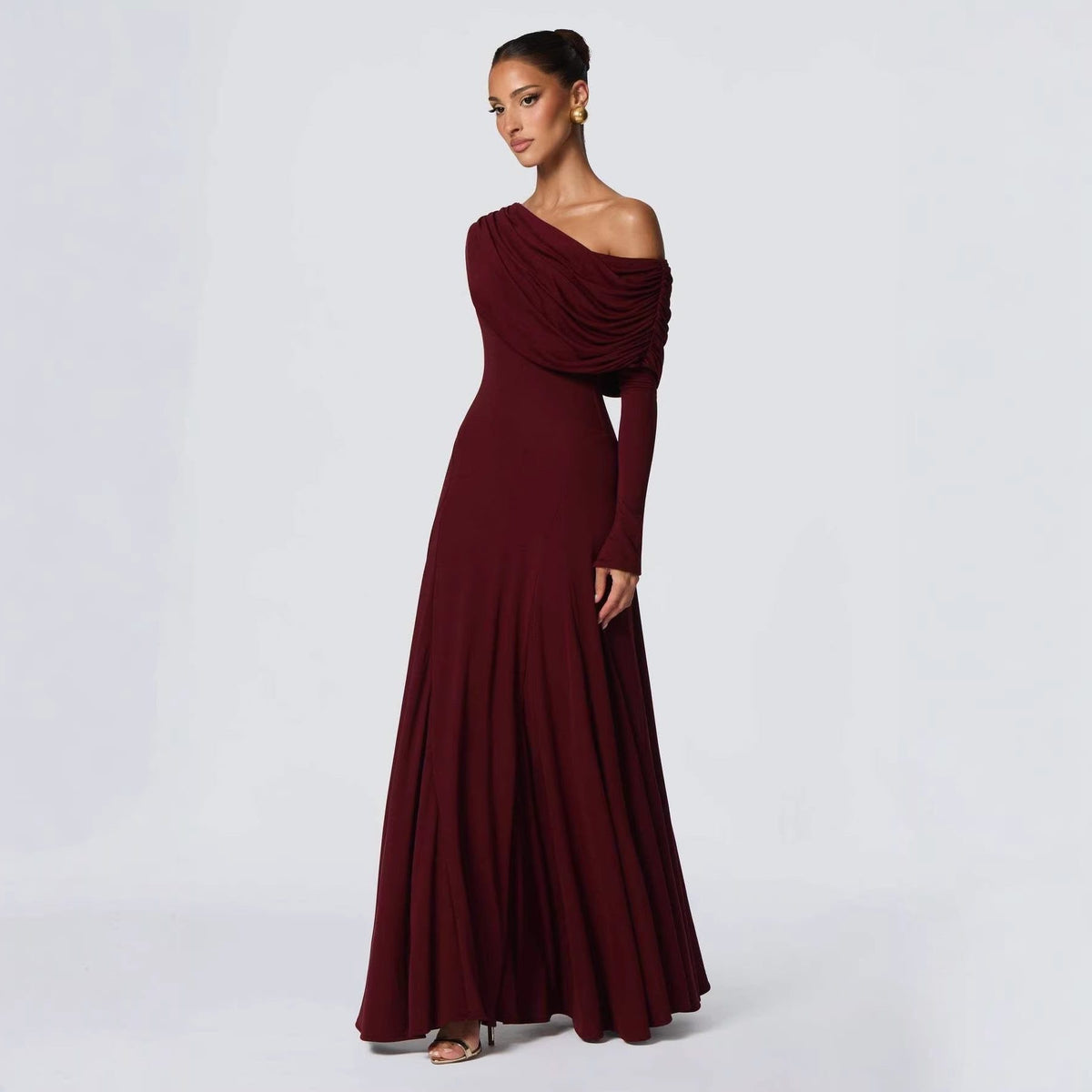 Robe Longue à Drapé Asymétrique Manches Longues pour Femme - View 4