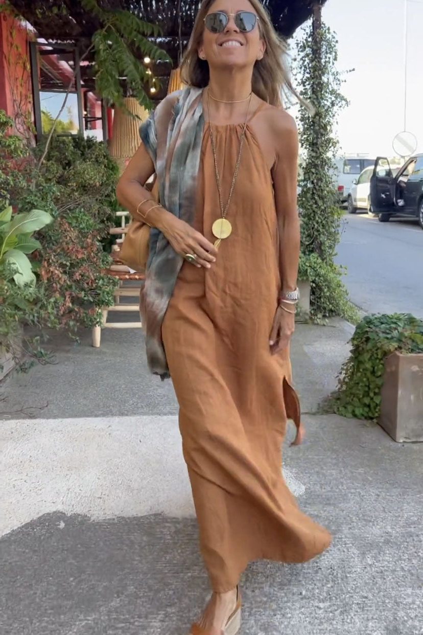 Robe Longue en Lin avec Bretelles Fines et Fente pour Femme - Couleur chameau