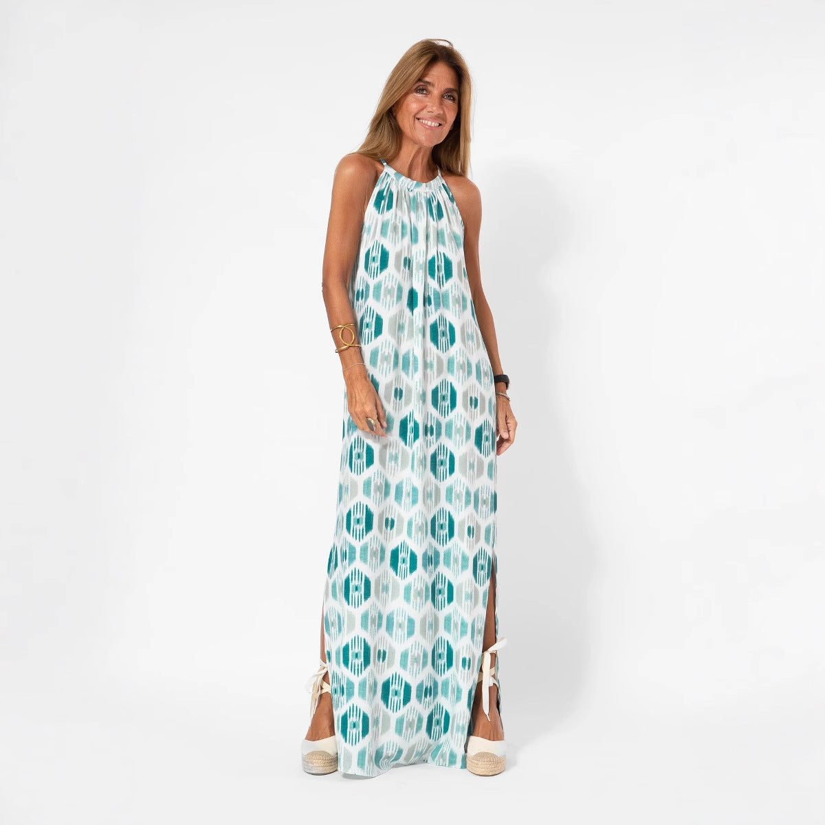 Robe Longue en Lin avec Bretelles Fines et Fente pour Femme - View 3