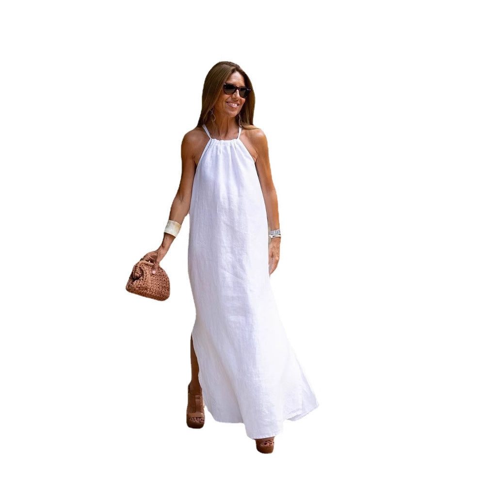 Robe Longue en Lin avec Bretelles Fines et Fente pour Femme - View 5