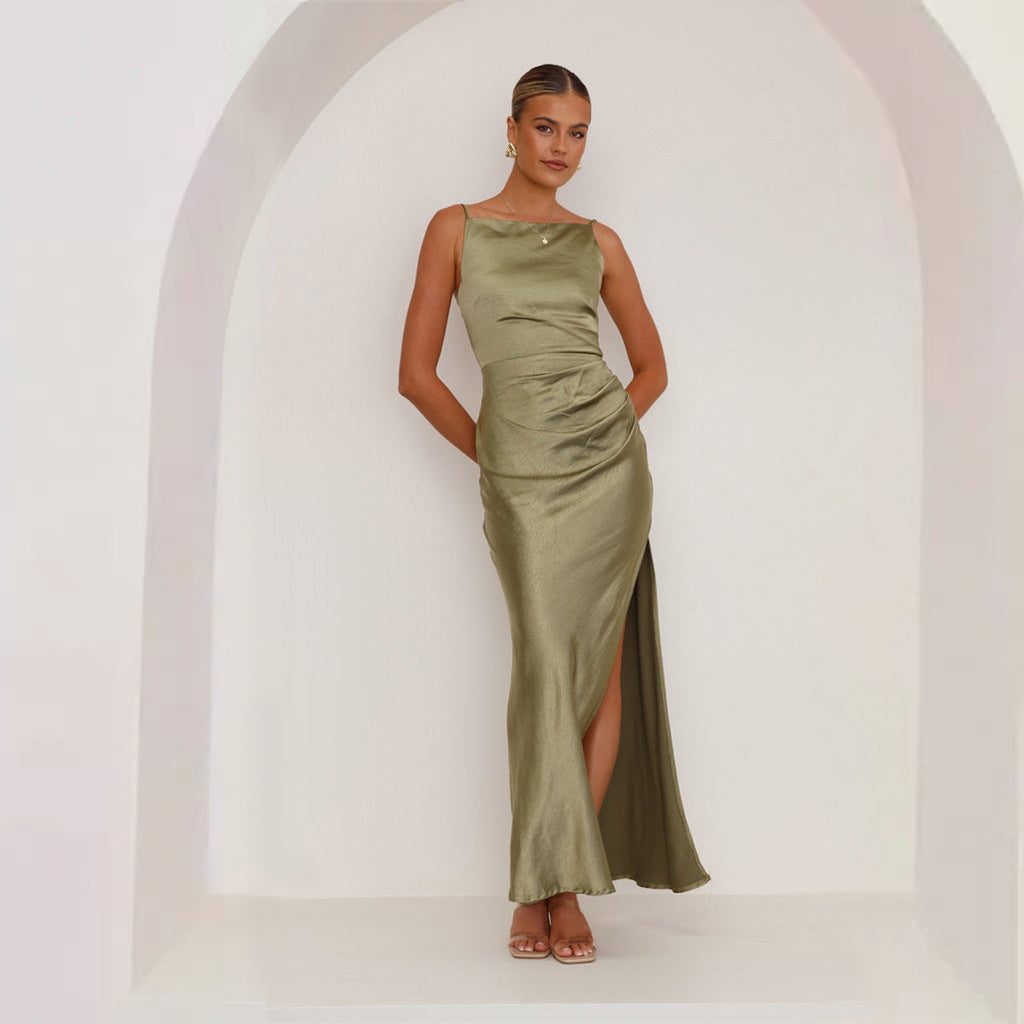 Robe Longue en Satin avec Fente pour Femme - Vert