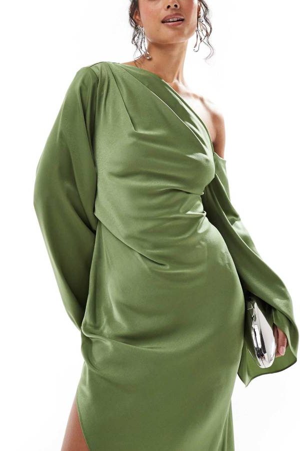 Robe Longue en Satin une Épaule Manches Évasées avec Fente pour Femme