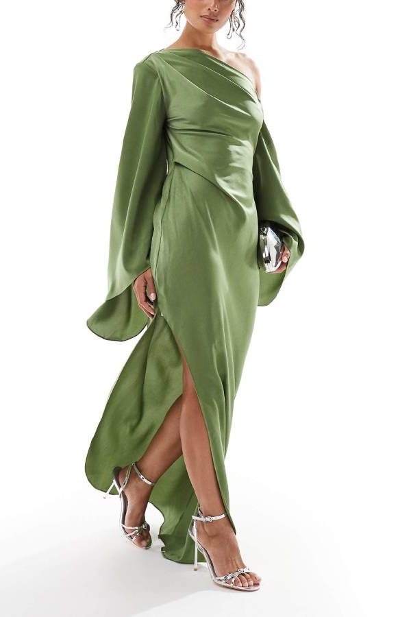 Robe Longue en Satin une Épaule Manches Évasées avec Fente pour Femme - View 2