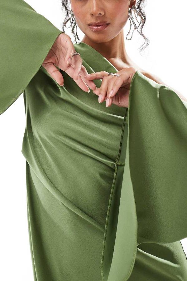 Robe Longue en Satin une Épaule Manches Évasées avec Fente pour Femme - View 3