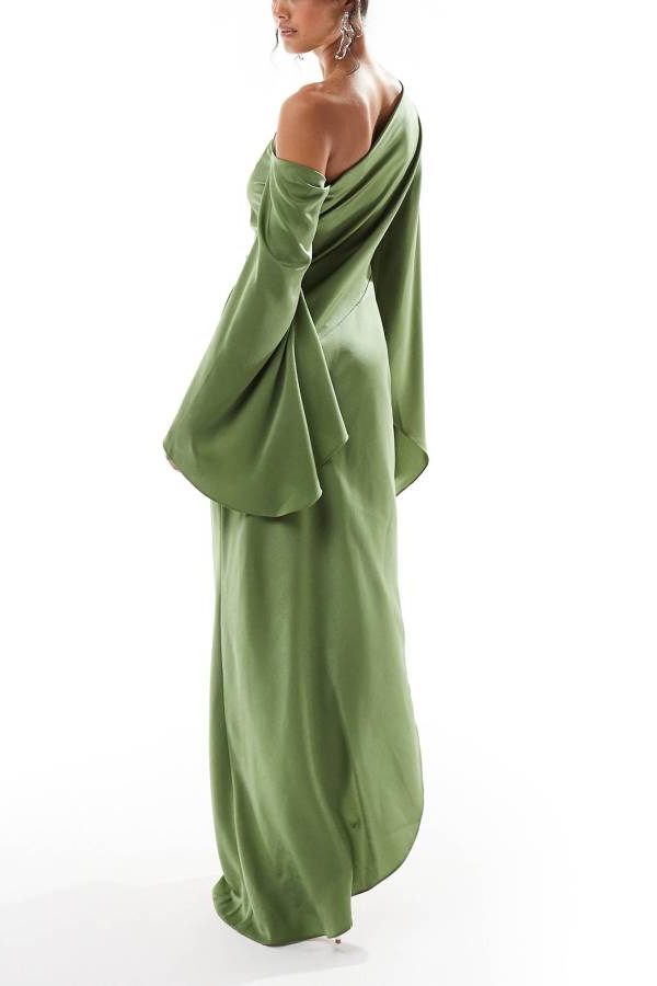 Robe Longue en Satin une Épaule Manches Évasées avec Fente pour Femme - View 4
