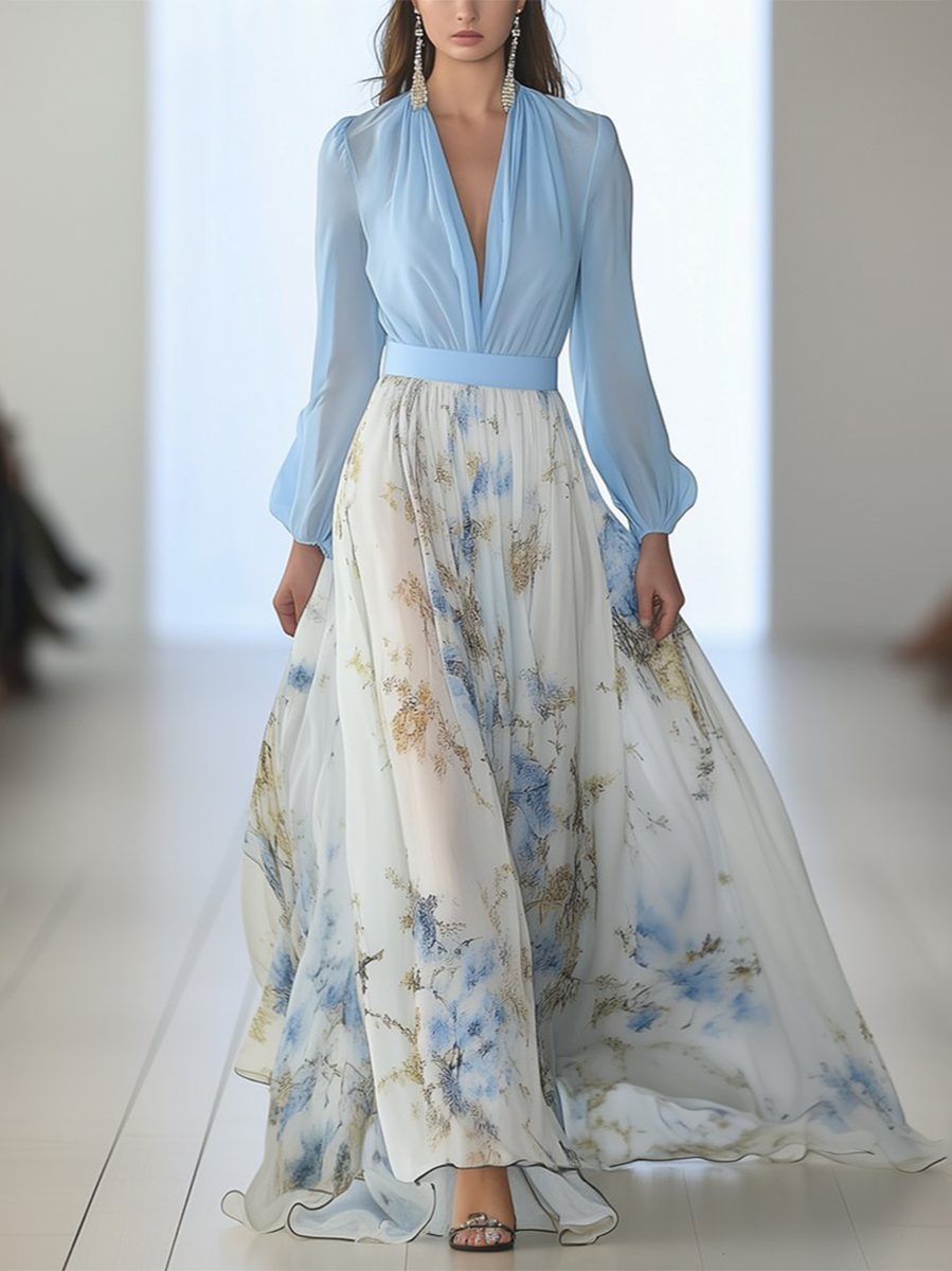 Robe Longue Fleurie à Manches Longues et Col V pour Femme - M