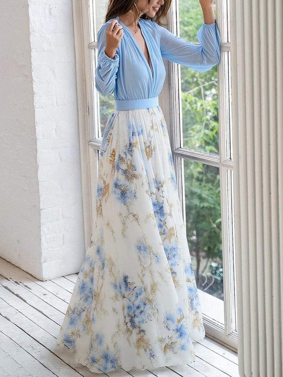 Robe Longue Fleurie à Manches Longues et Col V pour Femme