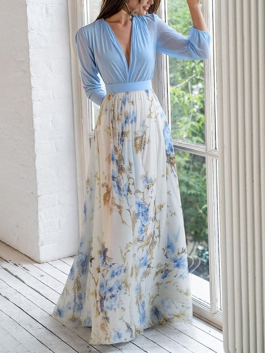 Robe Longue Fleurie à Manches Longues et Col V pour Femme - View 2