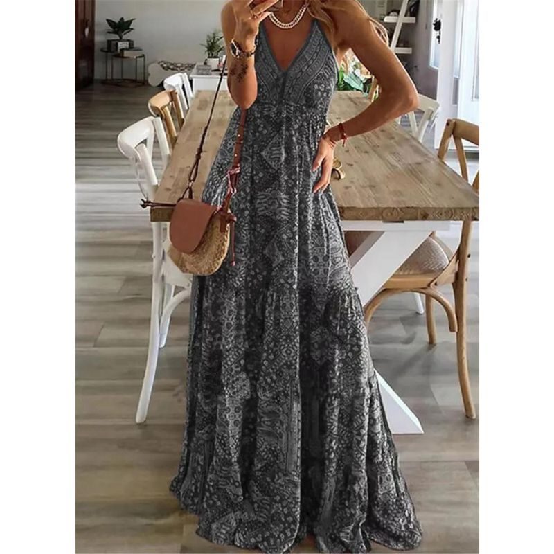 Robe Longue Imprimée à Col V pour Femme
