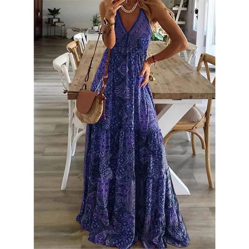 Robe Longue Imprimée à Col V pour Femme