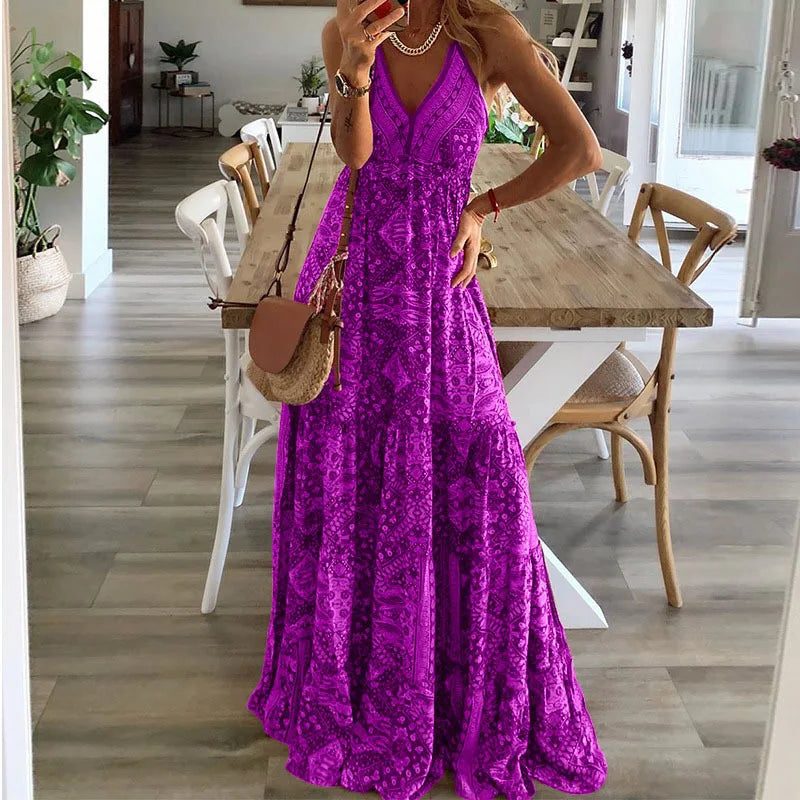 Robe Longue Imprimée à Col V pour Femme