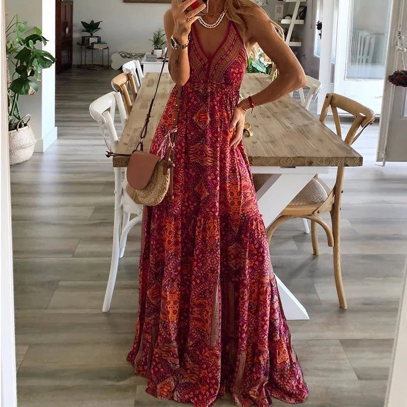 Robe Longue Imprimée à Col V pour Femme