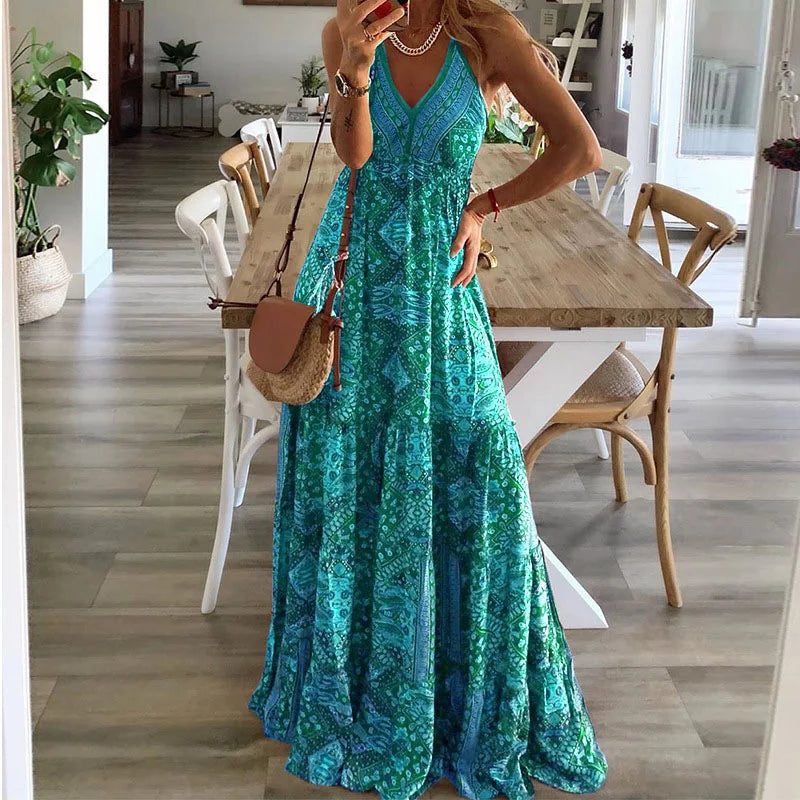 Robe Longue Imprimée à Col V pour Femme