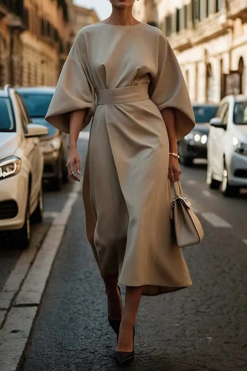 Robe Longue Manches Ballons Ceinturée pour Femme - Khaki