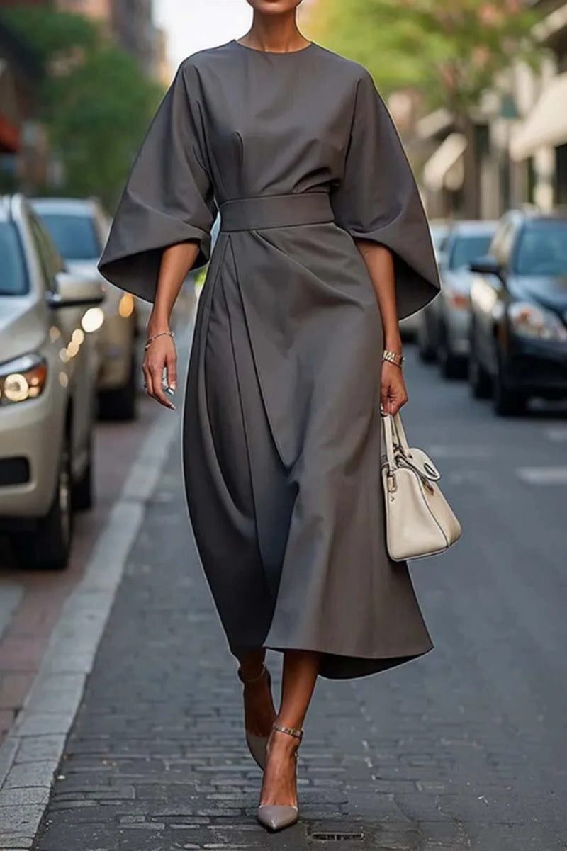 Robe Longue Manches Ballons Ceinturée pour Femme - Gris