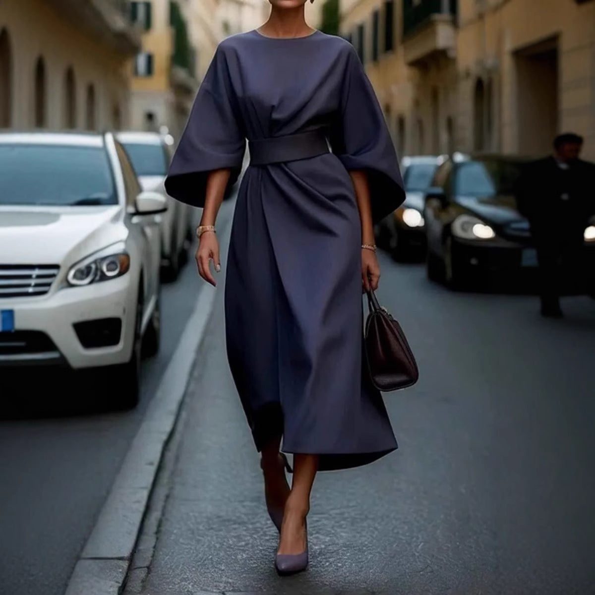 Robe Longue Manches Ballons Ceinturée pour Femme - View 8