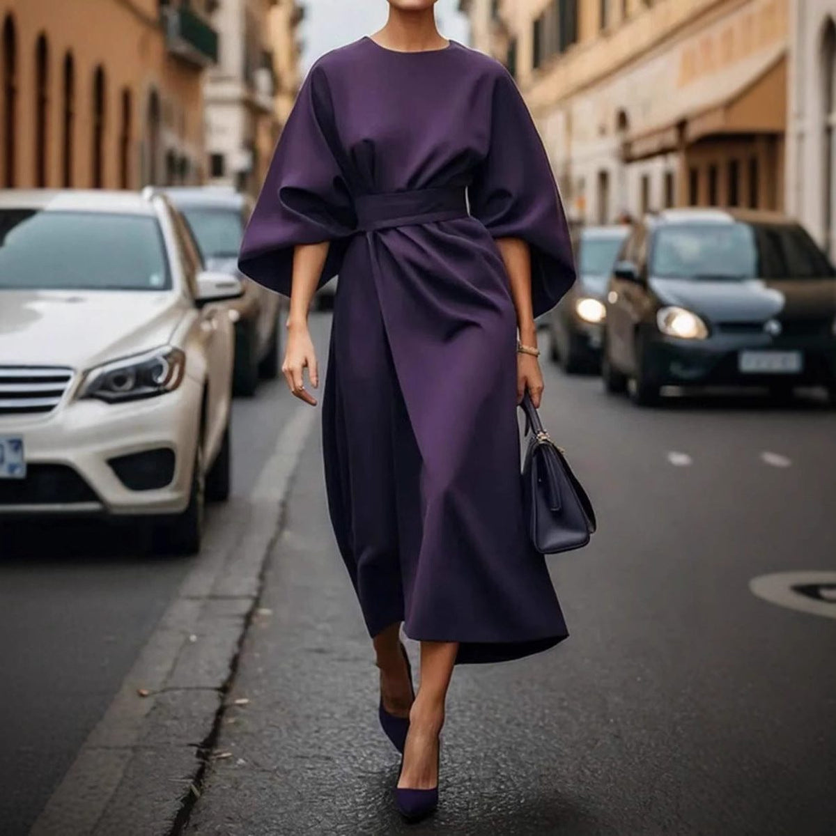 Robe Longue Manches Ballons Ceinturée pour Femme - View 9