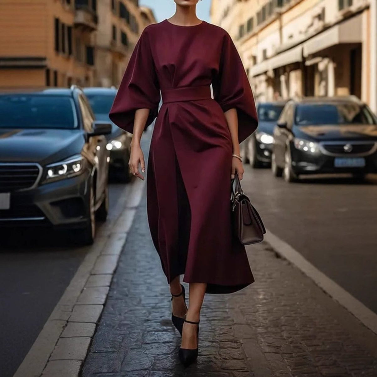 Robe Longue Manches Ballons Ceinturée pour Femme - View 10