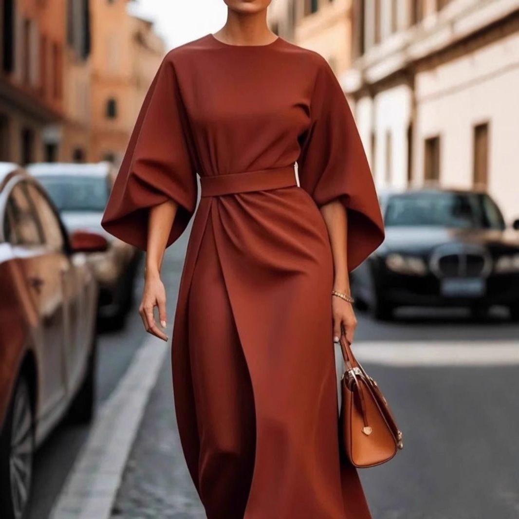 Robe Longue Manches Ballons Ceinturée pour Femme