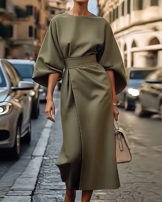 Robe Longue Manches Ballons Ceinturée pour Femme - Vert olive