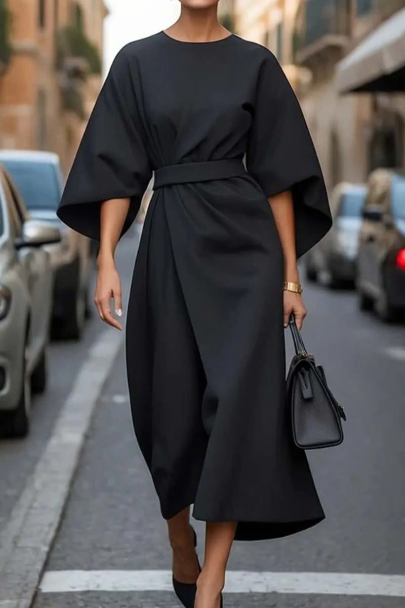 Robe Longue Manches Ballons Ceinturée pour Femme - Noir