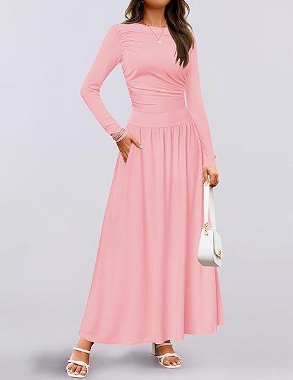 Robe Longue Manches Longues avec Poches pour Femme - Rose