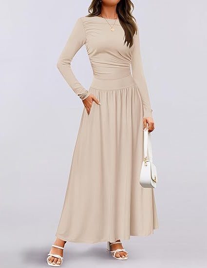 Robe Longue Manches Longues avec Poches pour Femme - Abricot