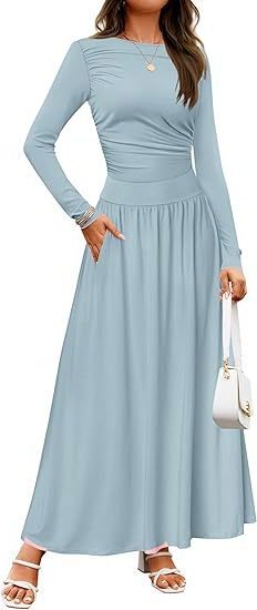 Robe Longue Manches Longues avec Poches pour Femme - Bleu ciel