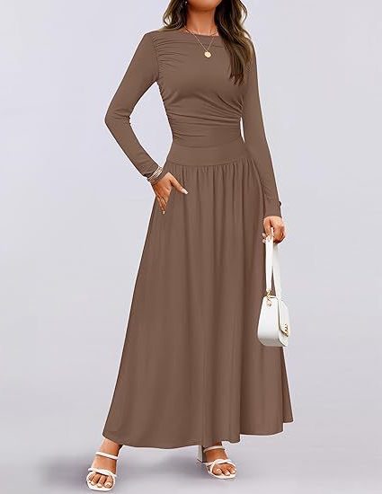 Robe Longue Manches Longues avec Poches pour Femme - Café