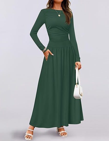 Robe Longue Manches Longues avec Poches pour Femme - Vert foncé