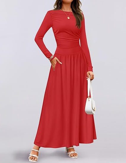 Robe Longue Manches Longues avec Poches pour Femme - Rouge