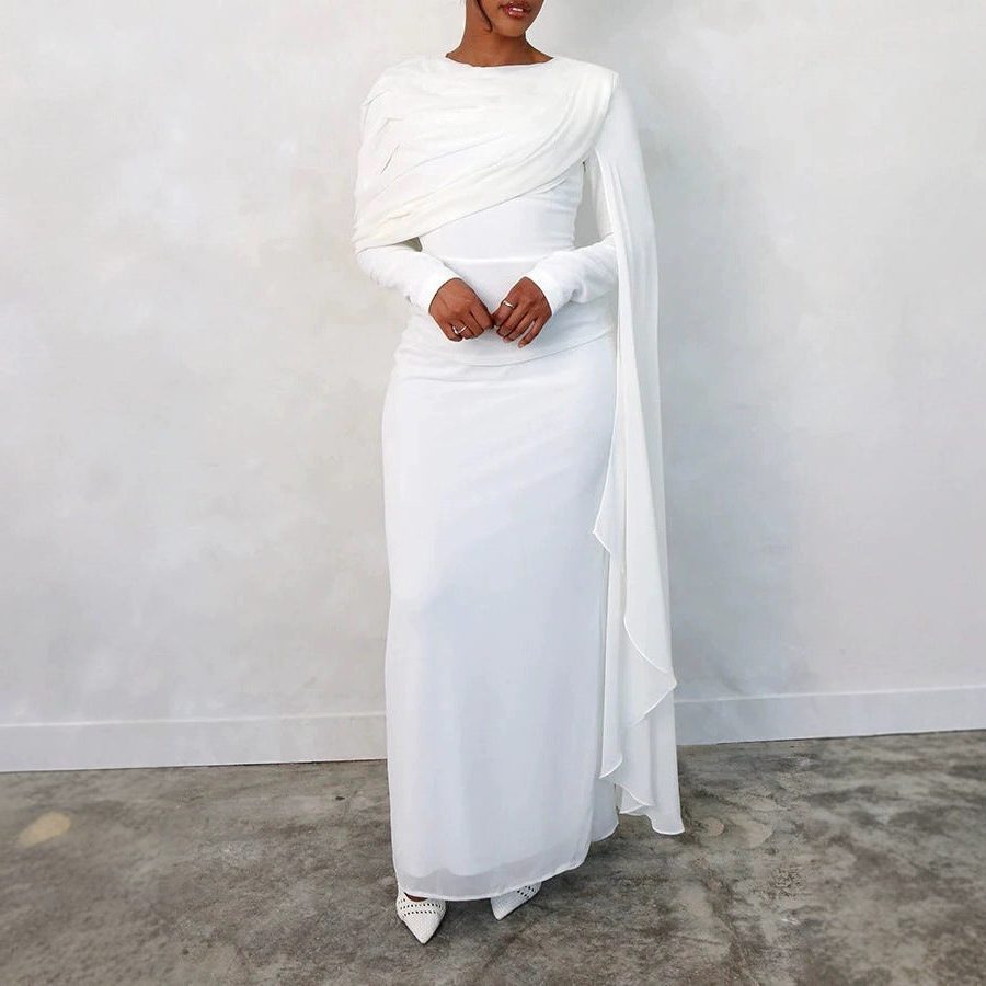 Robe Longue Manches Longues Cache-Cœur pour Femme - Blanc